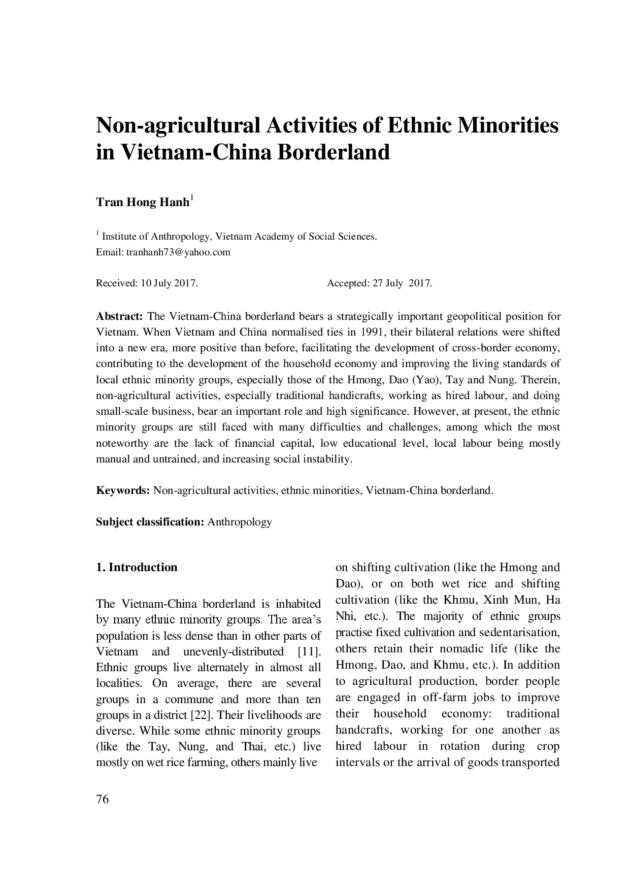 Non-agricultural Activities of Ethnic Minorities in Vietnam-China Borderland