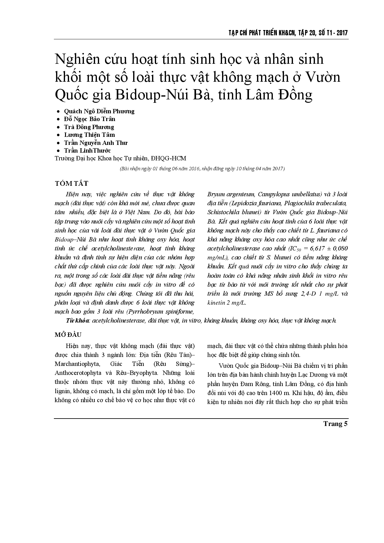 Biological activities and micropropagation of non-vascular plants from Bidoup-Nui Ba National Park, Lam Dong