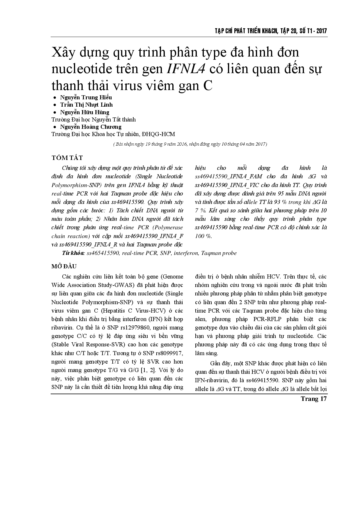 Molecular typing protocol of ss469415590 in IFNL4 gene in relation to the clearance of hepatitis C virus