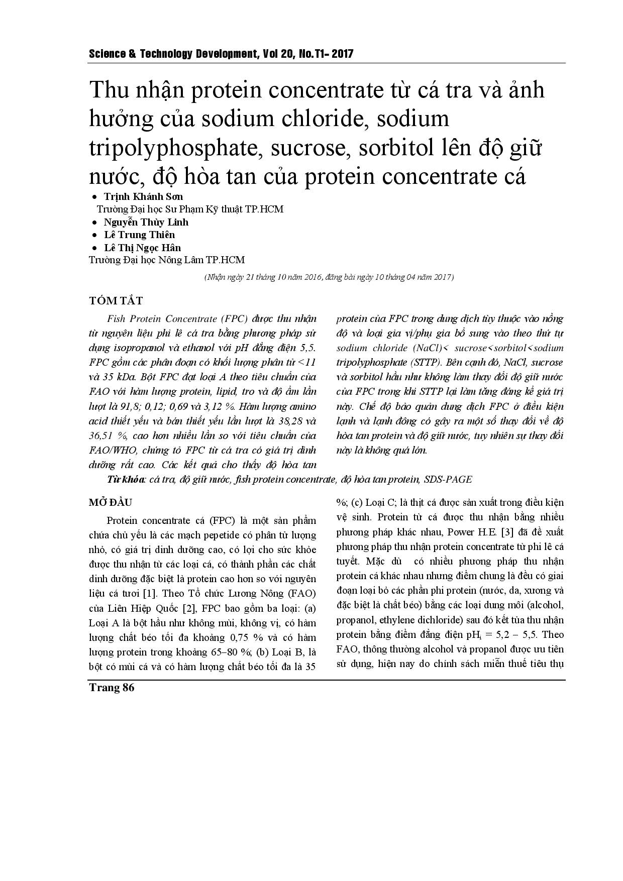 Production of Fish Protein Concentrate (FPC) from Palgasius Catfish and study on the effect of sodium chloride, sodium tripolyphosphate, sucrose and sorbitol to the protein solubility and water holding capacity of FPC