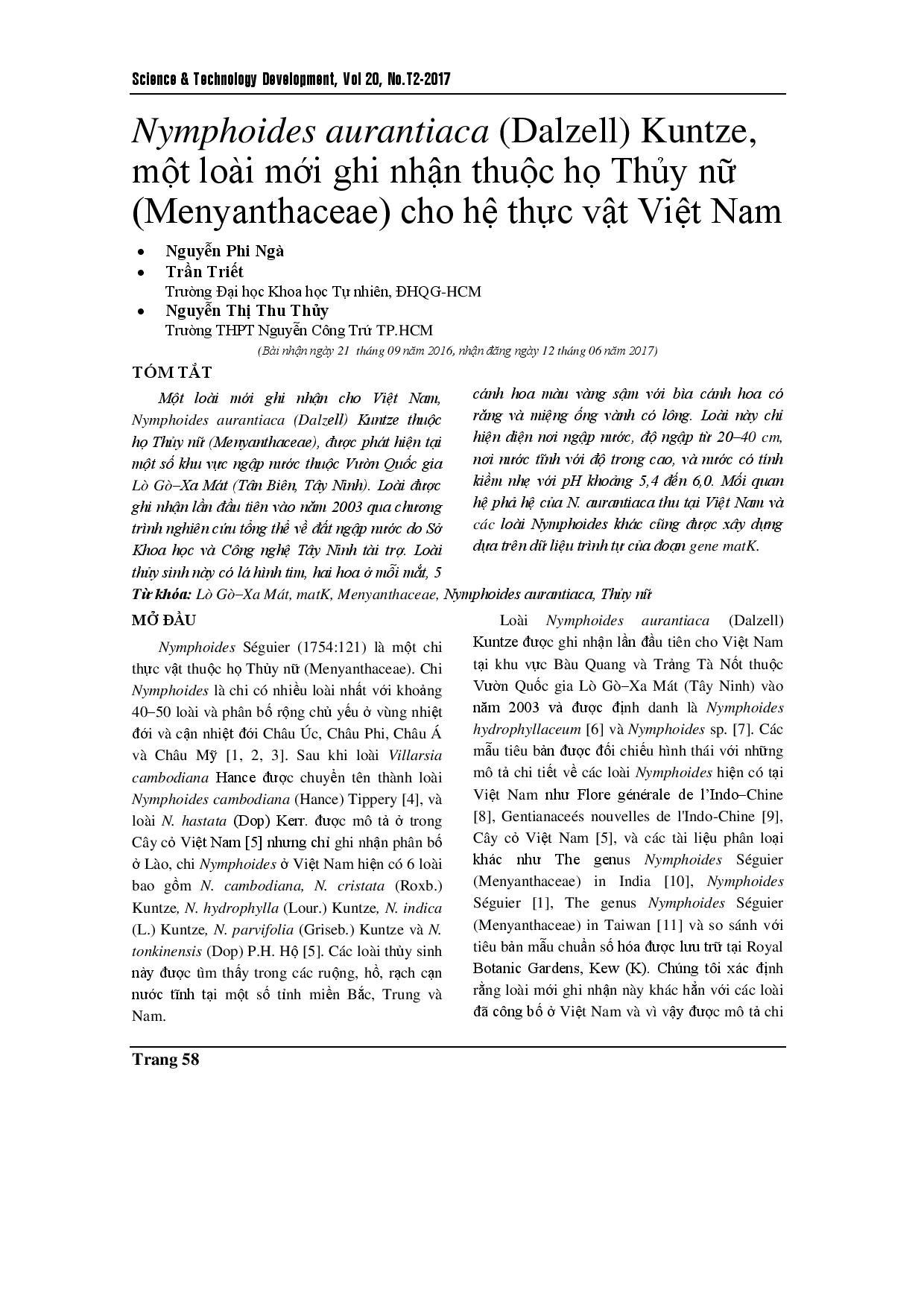 Nymphoides aurantiaca (Dalzell) Kuntze, a new record of family Menyanthaceae for the flora of Vietnam