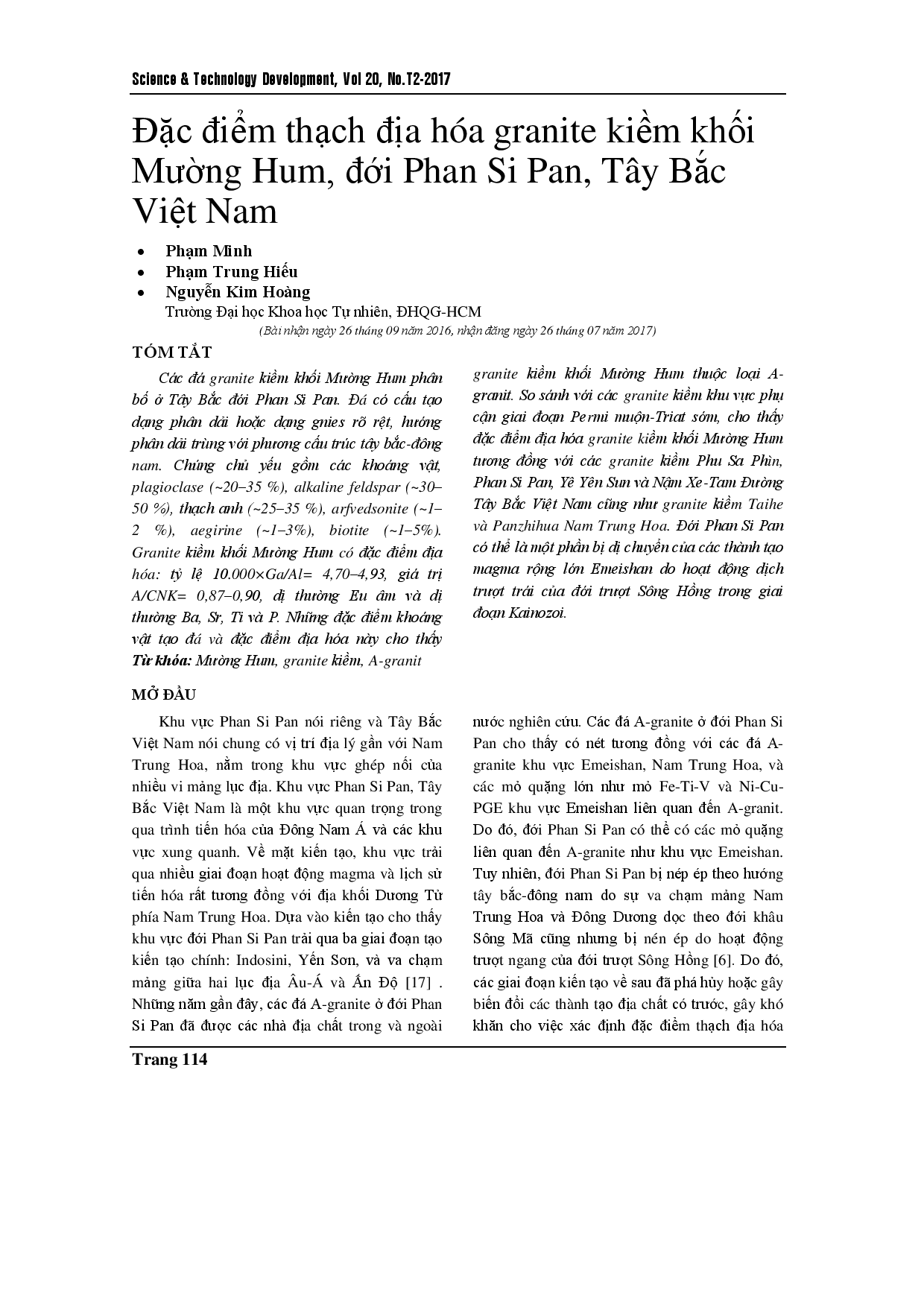 Geochemical characteristics of the Muong Hum alkaline granite in the Phan Si Pan zone, Northwestern Vietnam