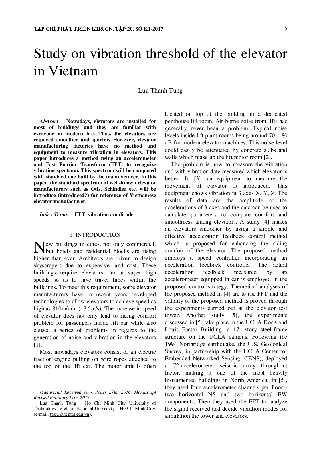 Study on vibration threshold of the elevator in Vietnam