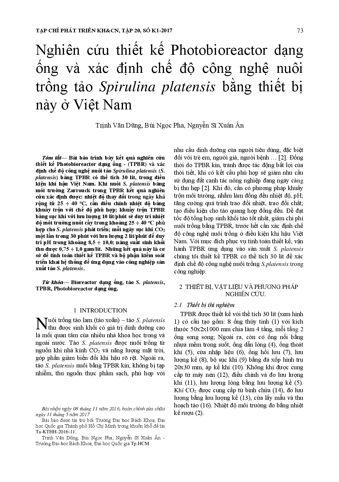 Tubular photobioreactor design and determining the technological parameters of culturing spirulina platensis algae by this equipment in Vietnam