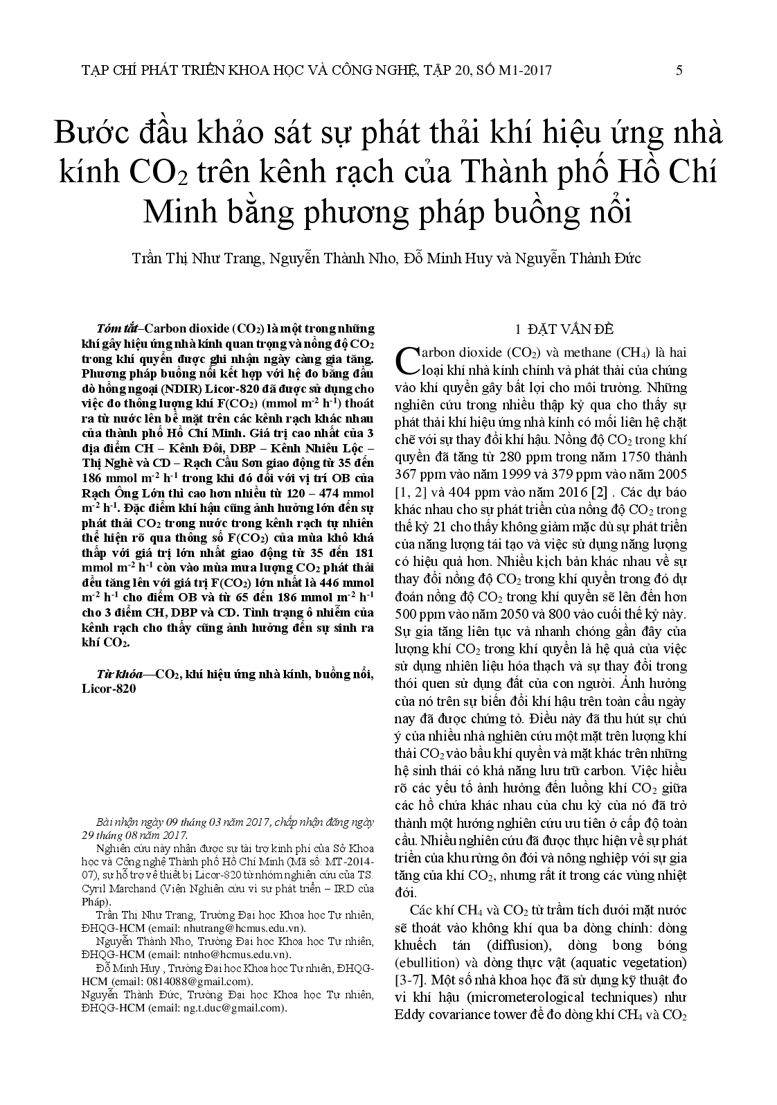 Surveying emissions of greenhouse gas CO2 in the canals of Ho Chi Minh city by floating chamber method