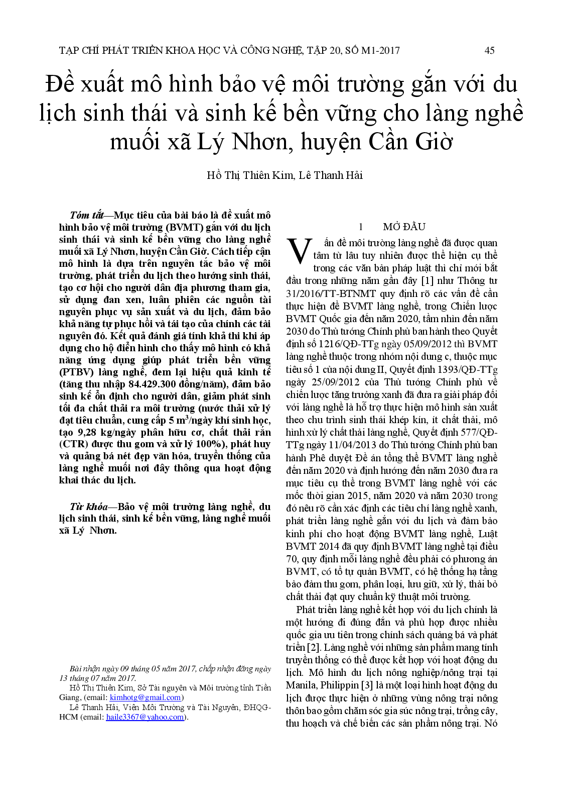 Development of environmental protection model coupling to ecotourism and sustainable livelihood for salt production craft village at Ly Nhon, Can Gio