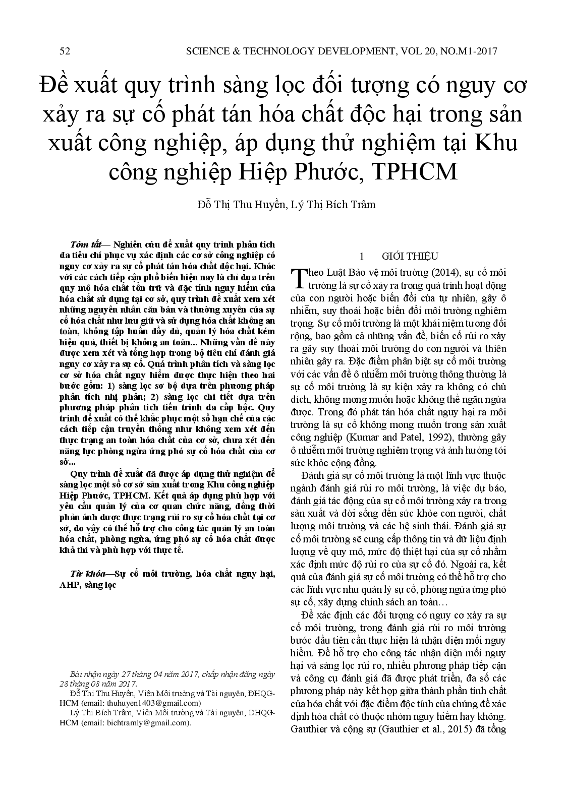 Development of a screening process to identify potential environmental accidents associated with the uncontrolled release of hazardous chemicals in industry, a case study of Hiep Phuoc industrial zone, Ho Chi Minh City