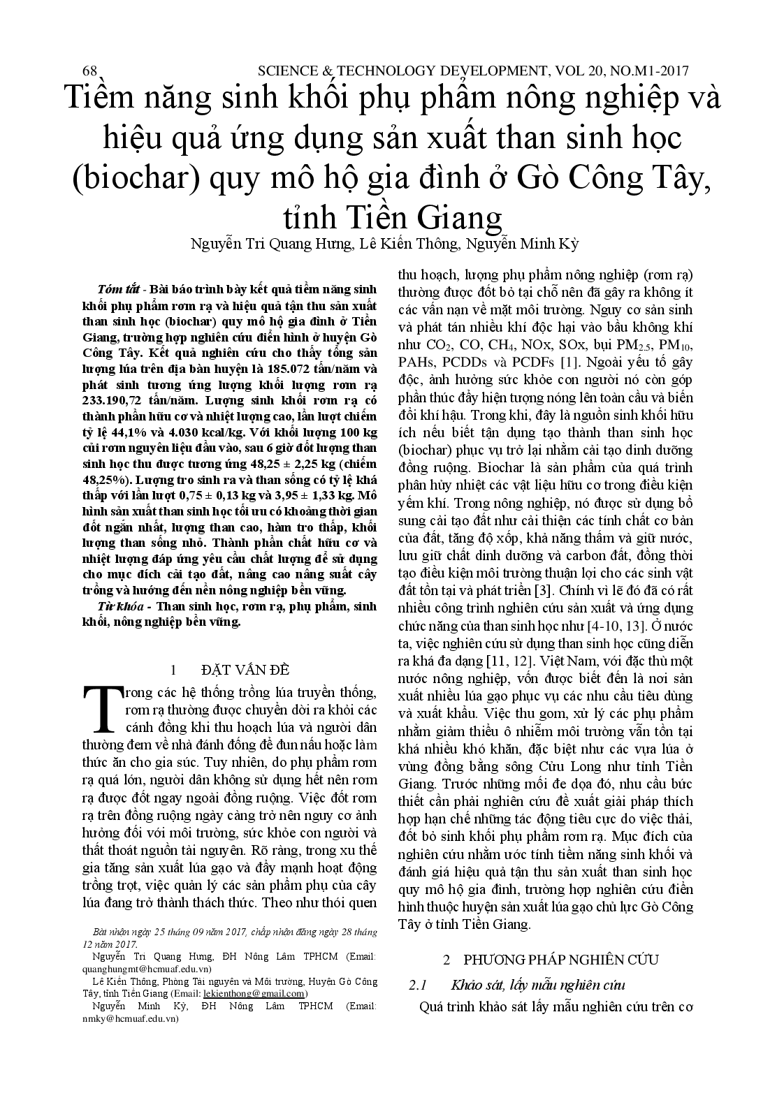 Agricultural residues biomass potential and applying efficiency for household scale biochar production in Go Cong Tay, Tien Giang province