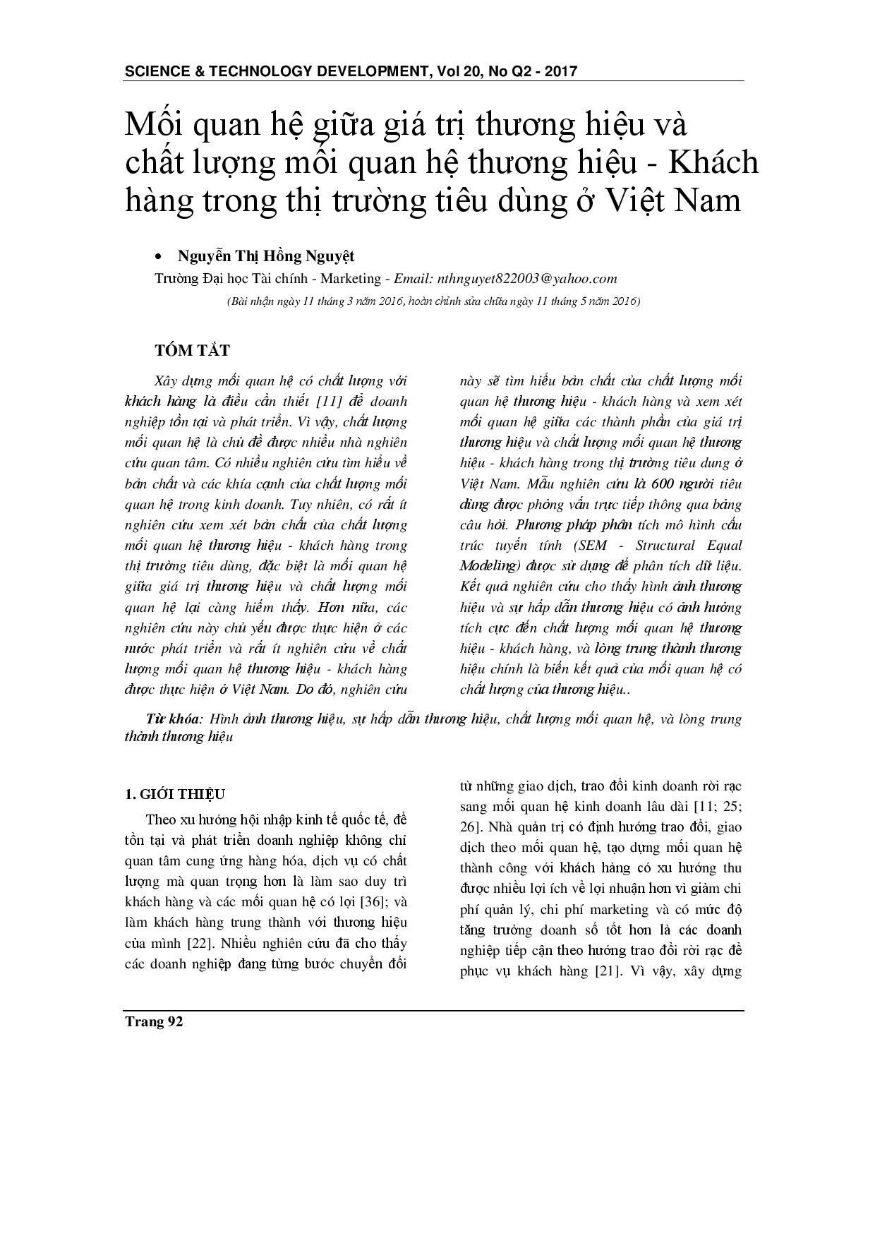 Tài sản thương hiệu và thương hiệu - Chất lượng quan hệ người tiêu dùng ở Việt Nam