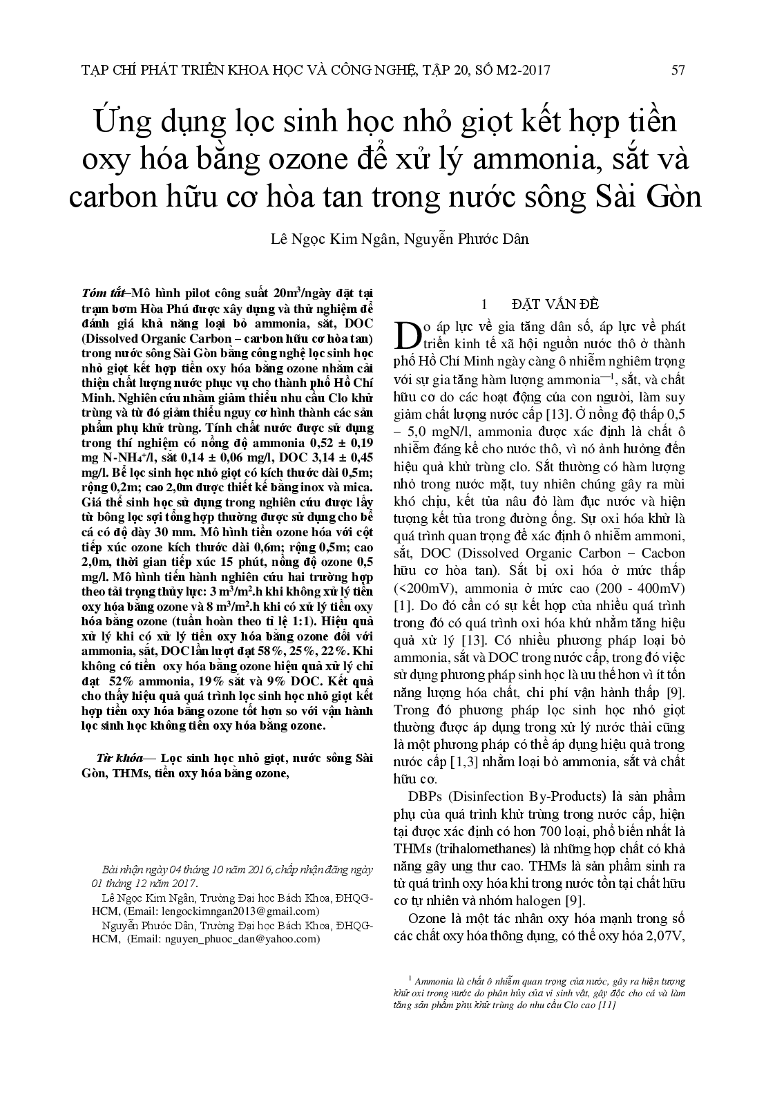 Application of pilot scale trickling filter couple with pre-ozonation for ammonia, iron and dissolved organic carbon removals from Saigon river water