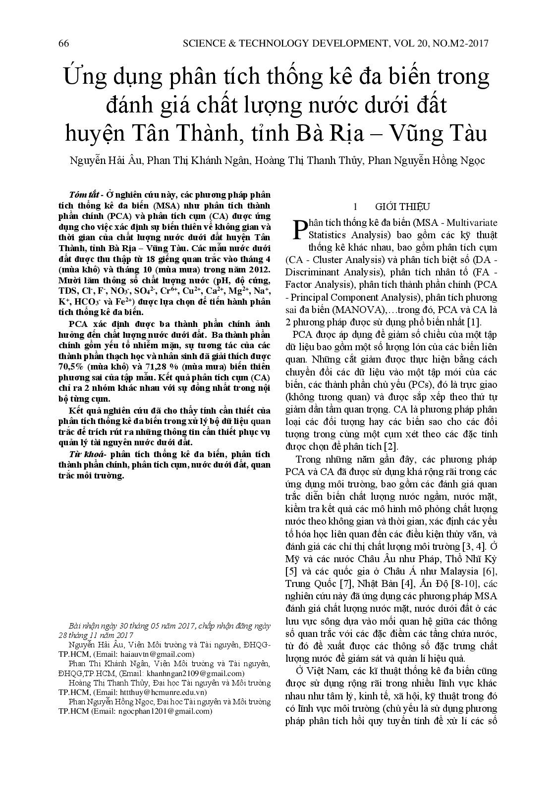 Application of multivariate statistical analysis in the assessment of groundwater quality of Tan Thanh district, Ba Ria – Vung Tau province