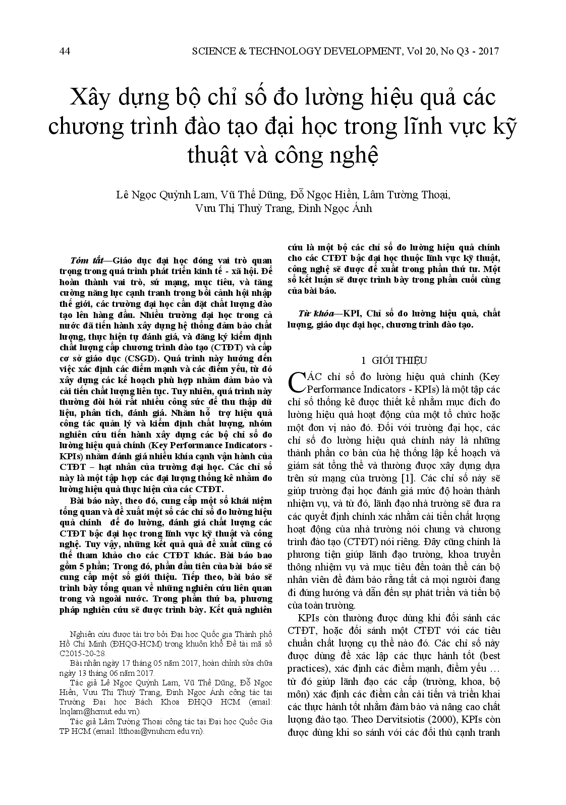 Thiết kế các chỉ số hoạt động chính cho các chương trình giáo dục đại học về kỹ thuật và công nghệ