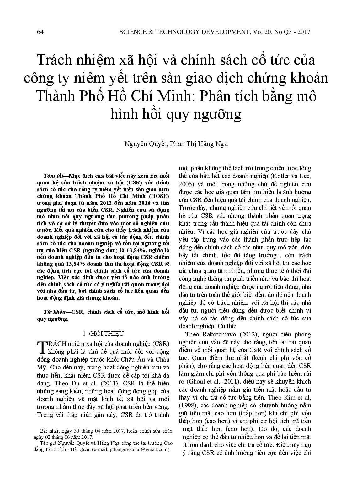 Trách nhiệm xã hội của doanh nghiệp và chính sách cổ tức của các doanh nghiệp niêm yết trên sàn giao dịch chứng khoán Thành phố Hồ Chí Minh: Phân tích mô hình hồi quy ngưỡng