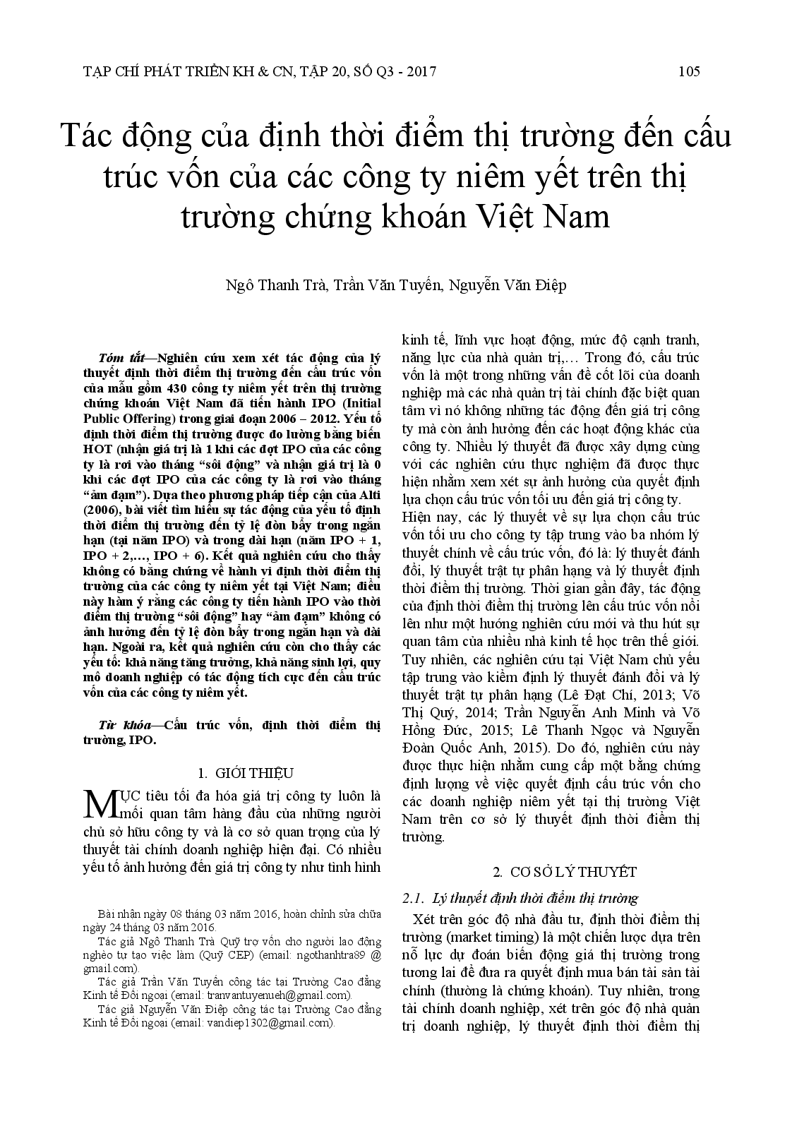 Tác động của thời điểm thị trường đến cấu trúc vốn: Bằng chứng từ các công ty niêm yết của Việt Nam