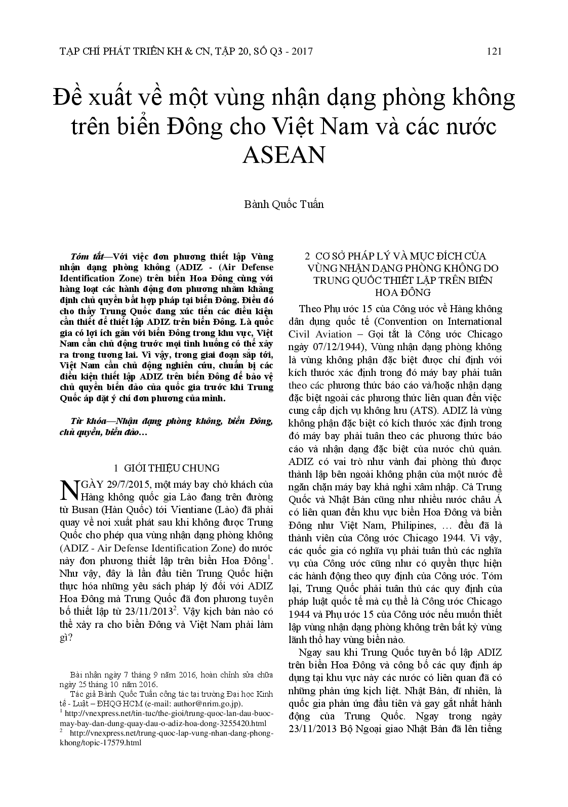 Đề xuất Vùng nhận dạng Phòng không trên Biển Đông cho Việt Nam và các nước ASEAN