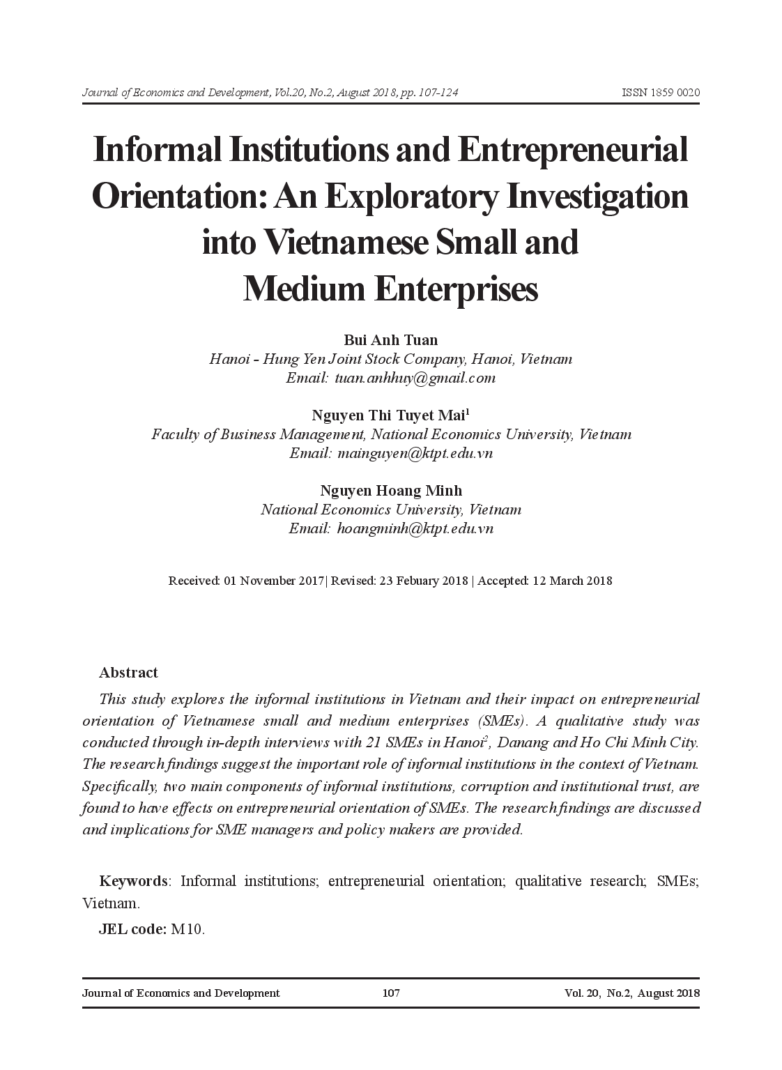 Informal Institutions and Entrepreneurial Orientation: An Exploratory Investigation into Vietnamese Small and Medium Enterprises