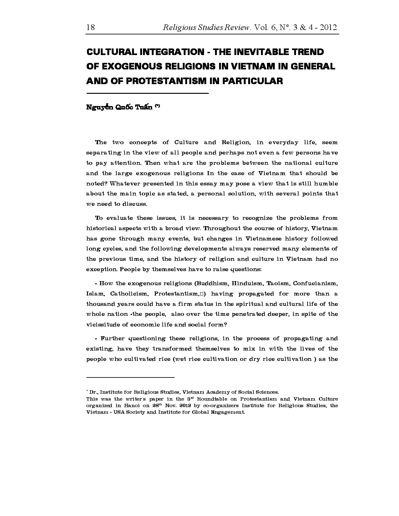 Cultural Integration - The Inevitable Trend of Exogenous Religions in Vietnam in General and of Protestantism in Particular