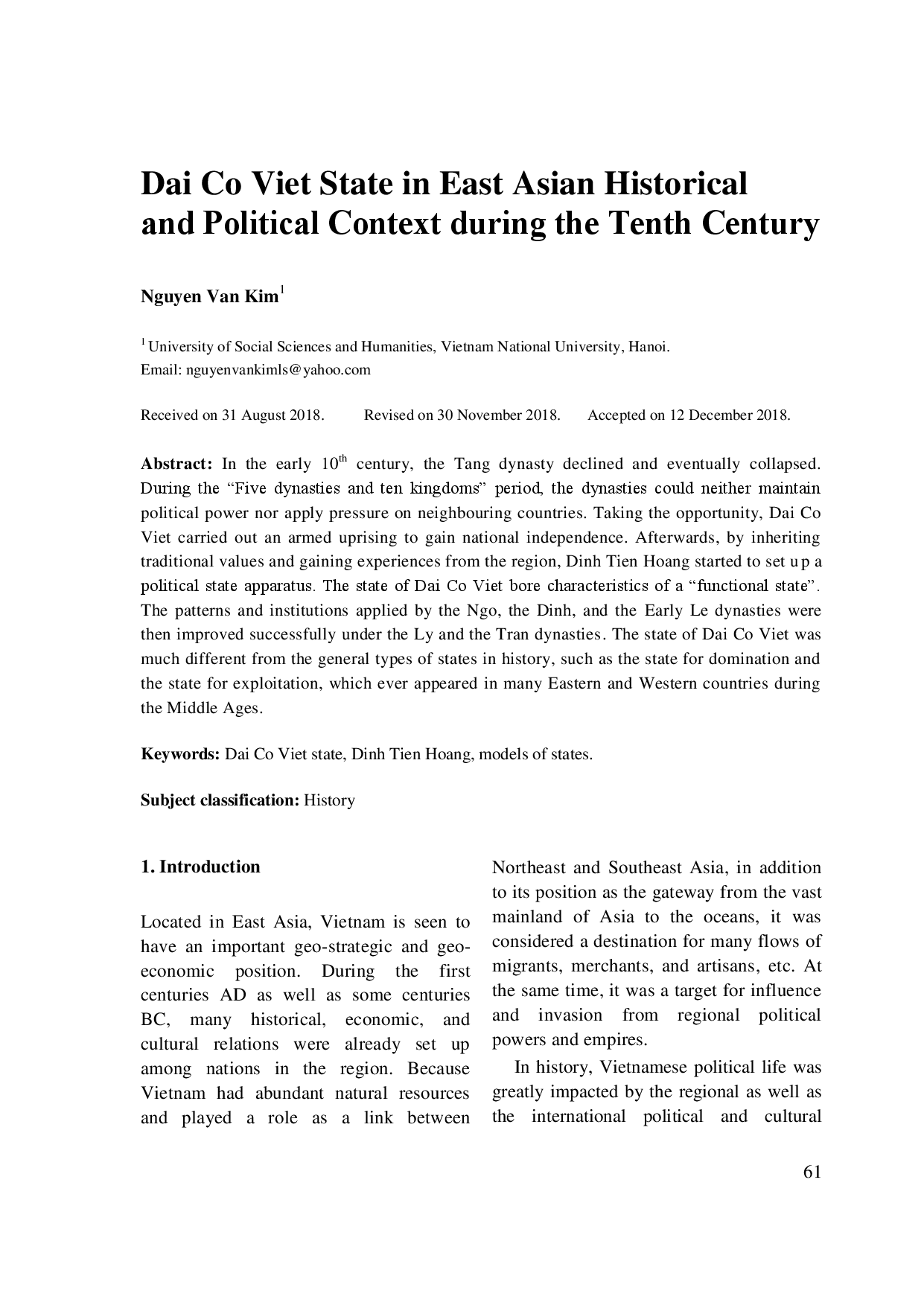 Dai Co Viet State in East Asian Historical and Political Context during the Tenth Century