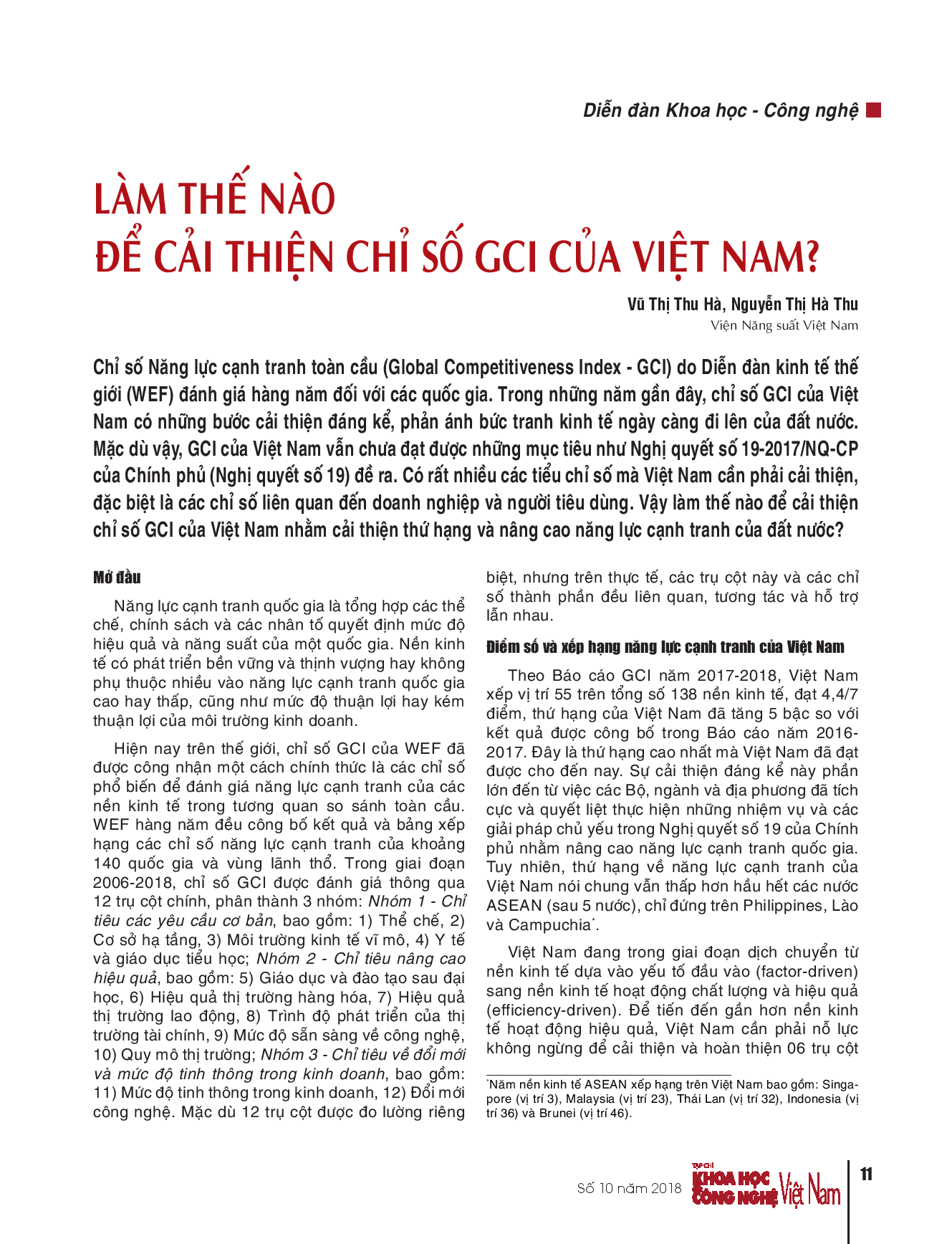 Làm thế nào để cải thiện chỉ số GCI của Việt Nam?