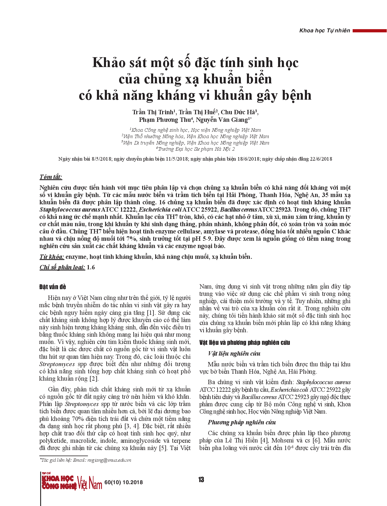 Khảo sát một số đặc tính sinh học của chủng xạ khuẩn biển có khả năng kháng vi khuẩn gây bệnh