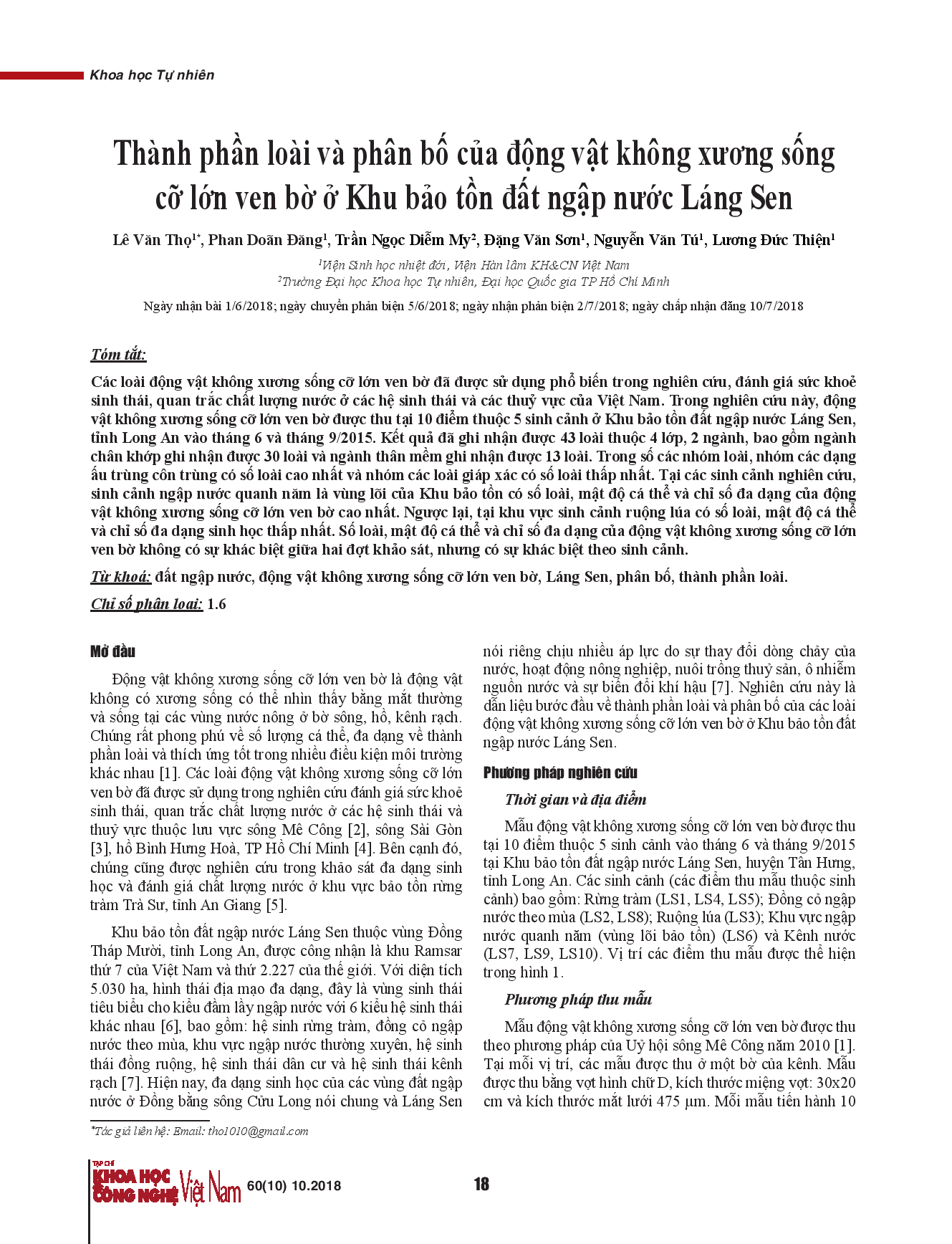 Thành phần loài và phân bố của động vật không xương sống cỡ lớn ven bờ ở Khu bảo tồn đất ngập nước Láng Sen