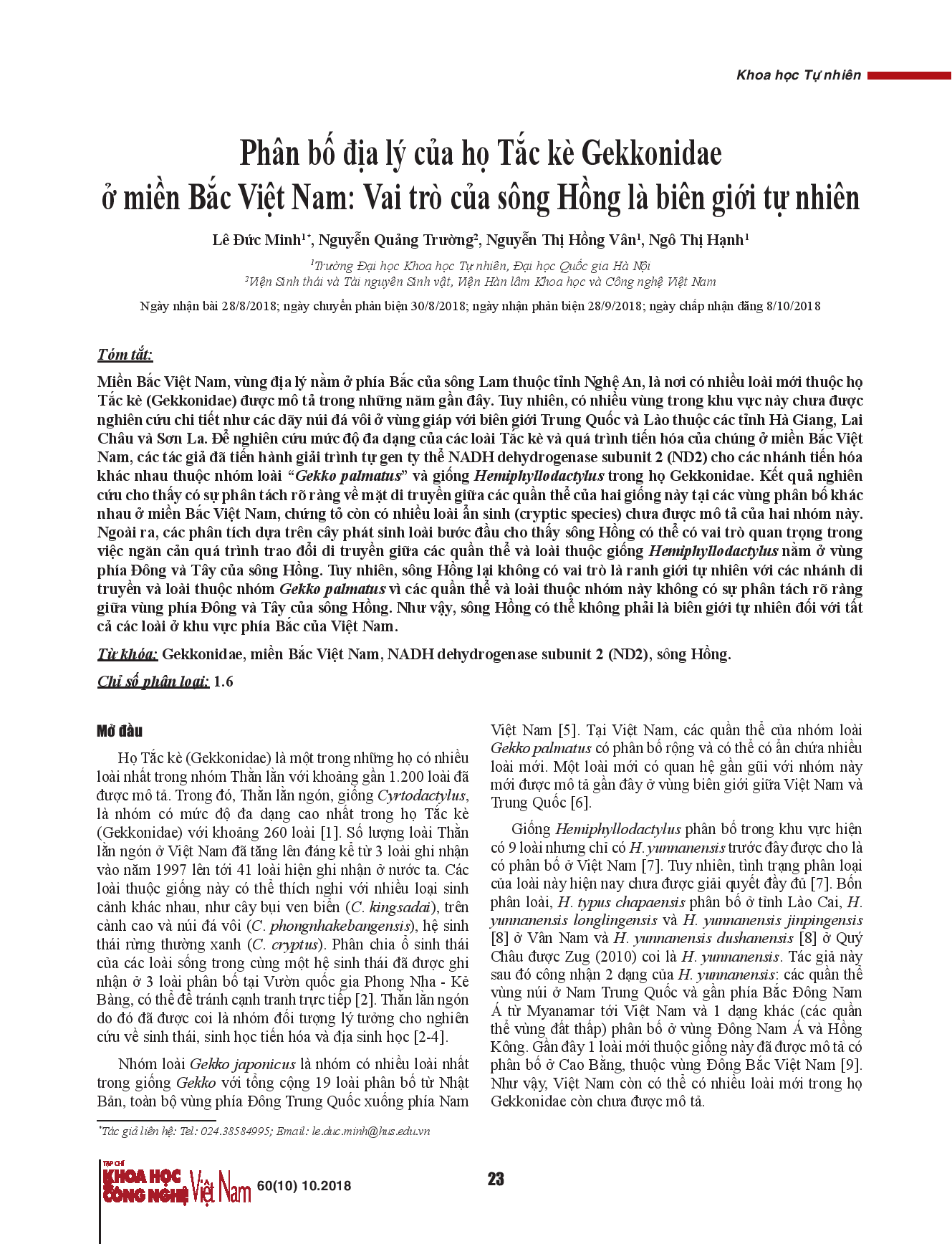 Phân bố địa lý của họ Tắc kè Gekkonidae ở miền Bắc Việt Nam: Vai trò của sông Hồng là biên giới tự nhiên