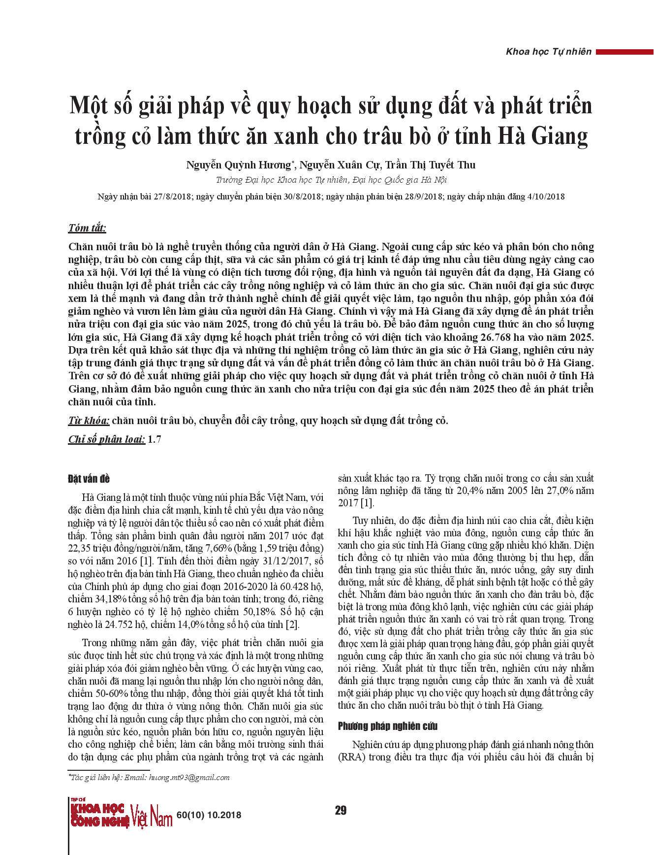 Một số giải pháp về quy hoạch sử dụng đất và phát triển trồng cỏ làm thức ăn xanh cho trâu bò ở tỉnh Hà Giang