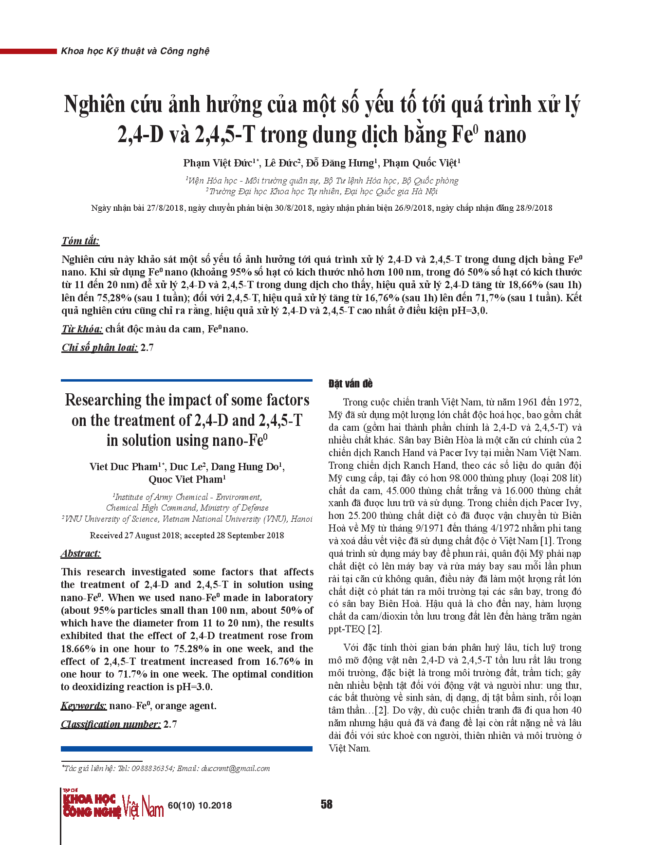 Nghiên cứu ảnh hưởng của một số yếu tố tới quá trình xử lý 2,4-D và 2,4,5-T trong dung dịch bằng Feo nano