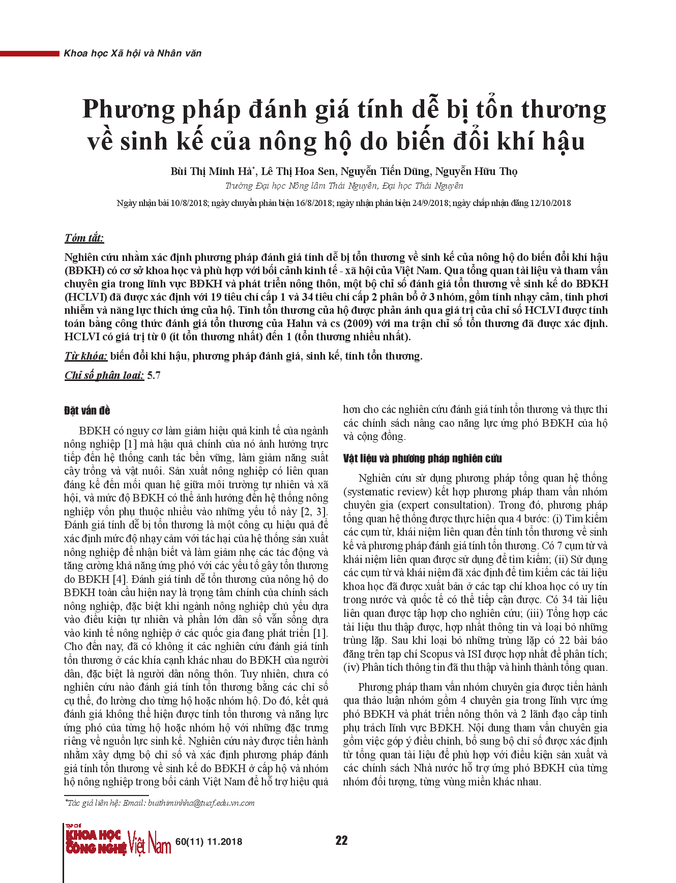 Phương pháp đánh giá tính dễ bị tổn thương về sinh kế của nông hộ do biến đổi khí hậu