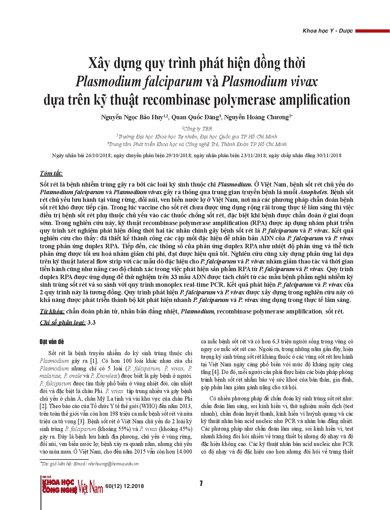 Xây dựng quy trình phát hiện đồng thời Plasmodium falciparum và Plasmodium vivax dựa trên kỹ thuật recombinase polymerase amplification