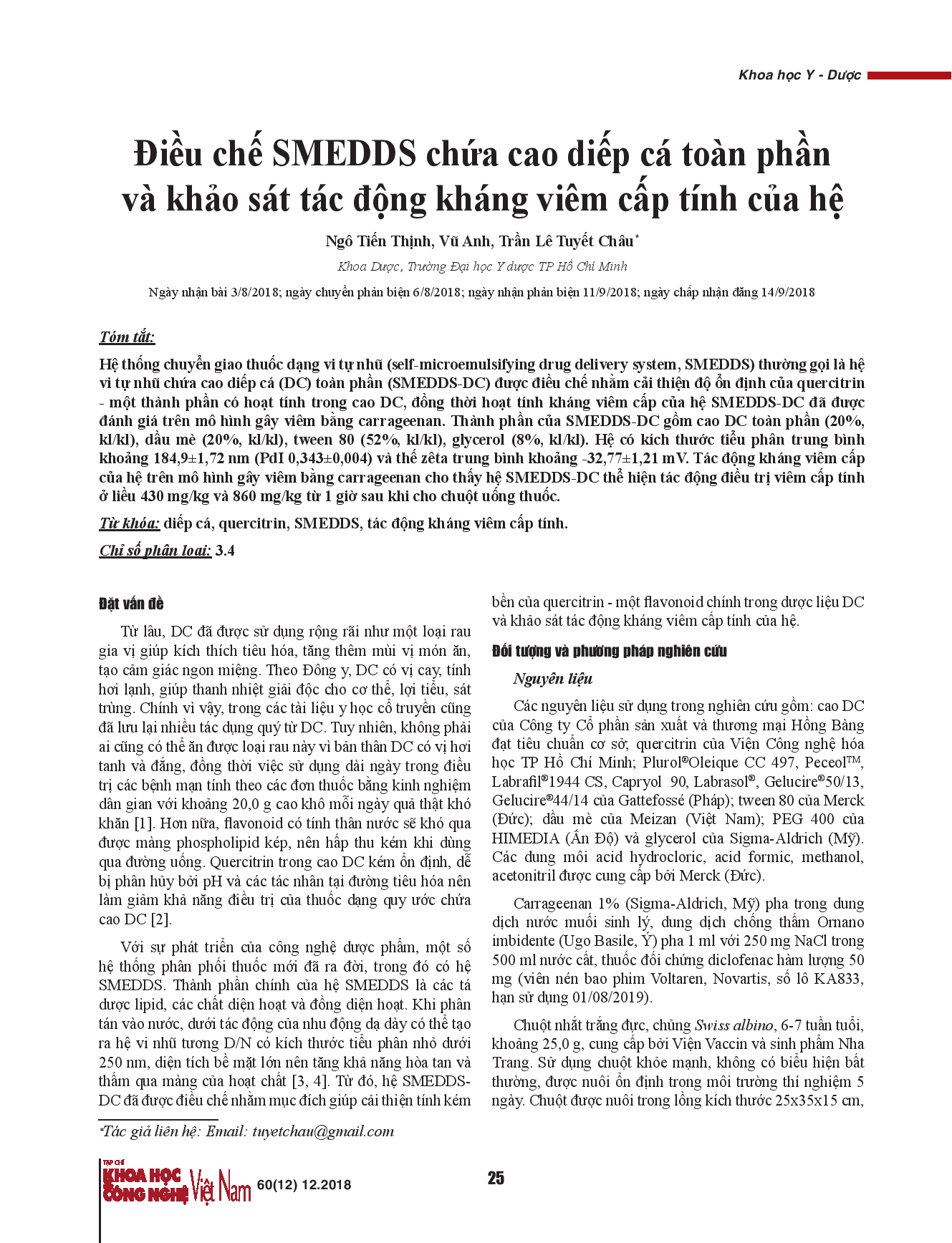 Điều chế SMEDDS chứa cao diếp cá toàn phần và khảo sát tác động kháng viêm cấp tính của hệ