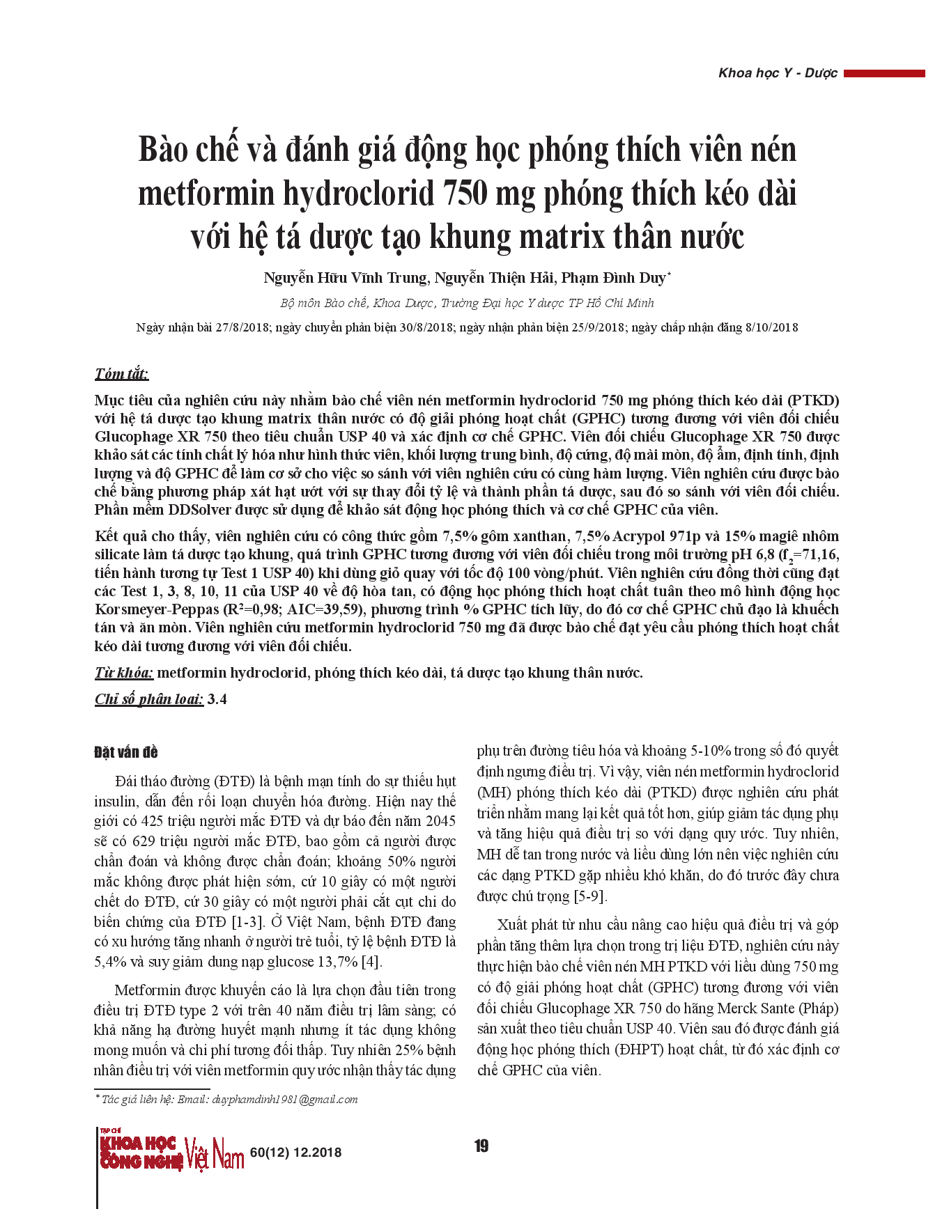 Bào chế và đánh giá động học phóng thích viên nén metformin hydroclorid 750 mg phóng thích kéo dài với hệ tá dược tạo khung matrix thân nước