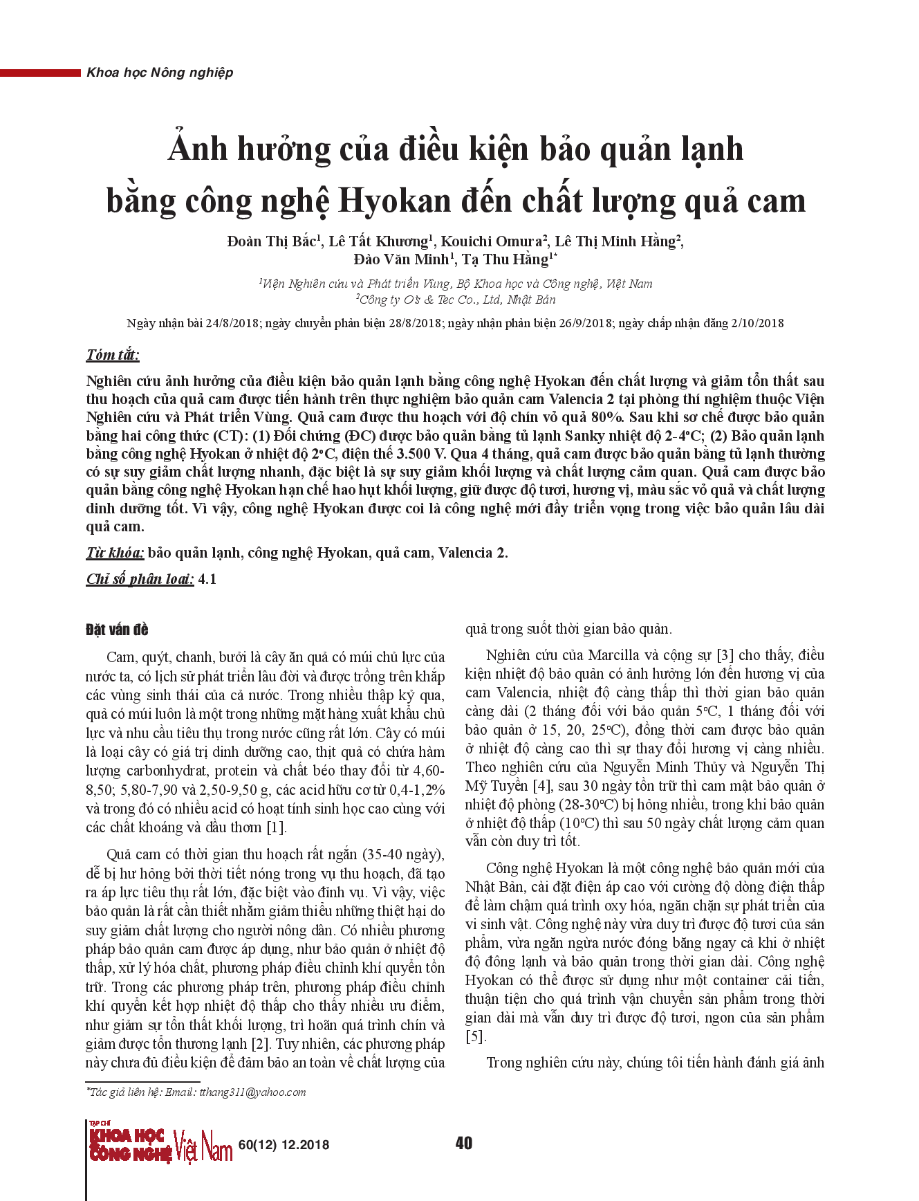 Ảnh hưởng của điều kiện bảo quản lạnh bằng công nghệ Hyokan đến chất lượng quả cam