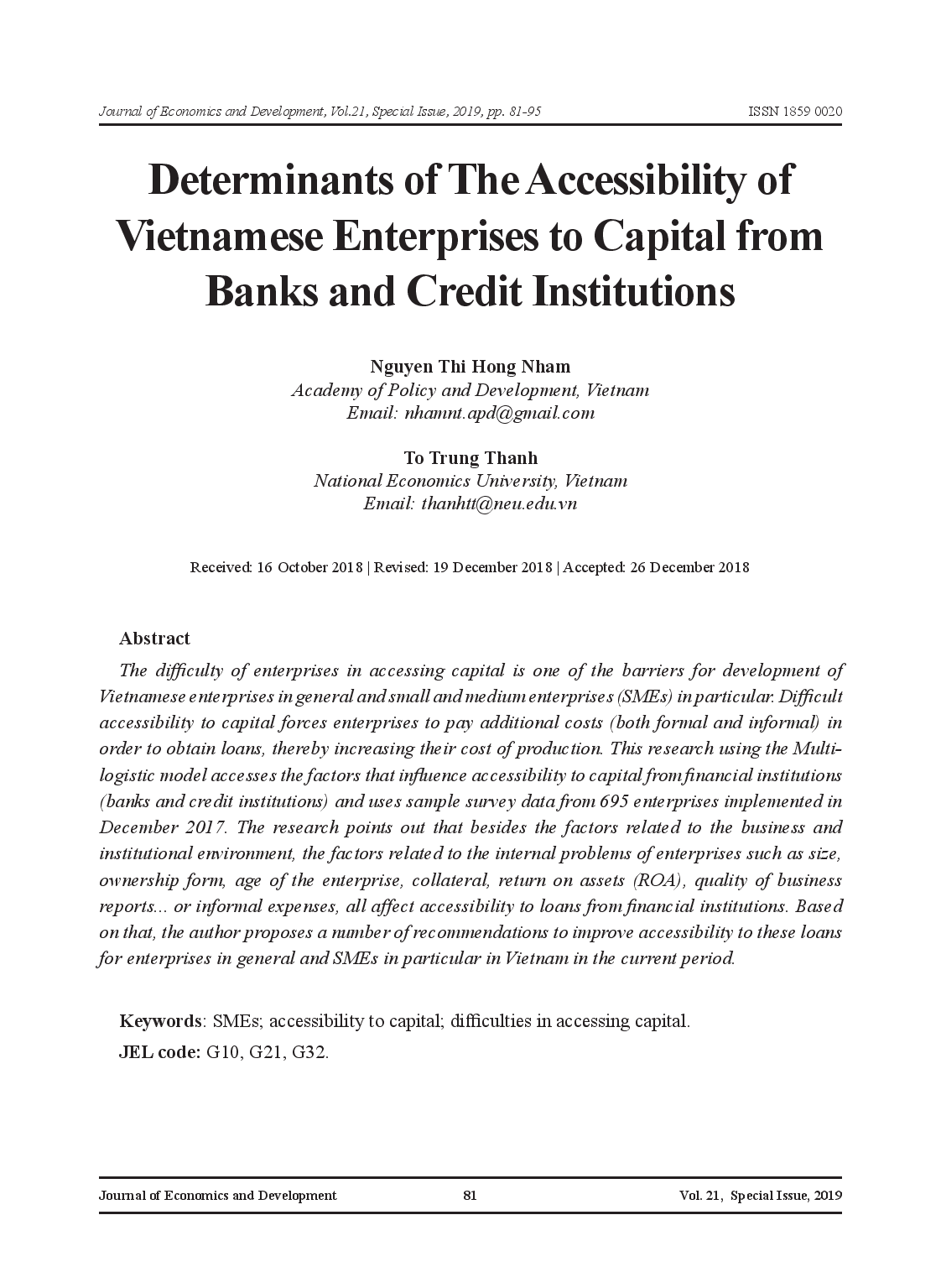 Determinants of The Accessibility of Vietnamese Enterprises to Capital from Banks and Credit Institutions