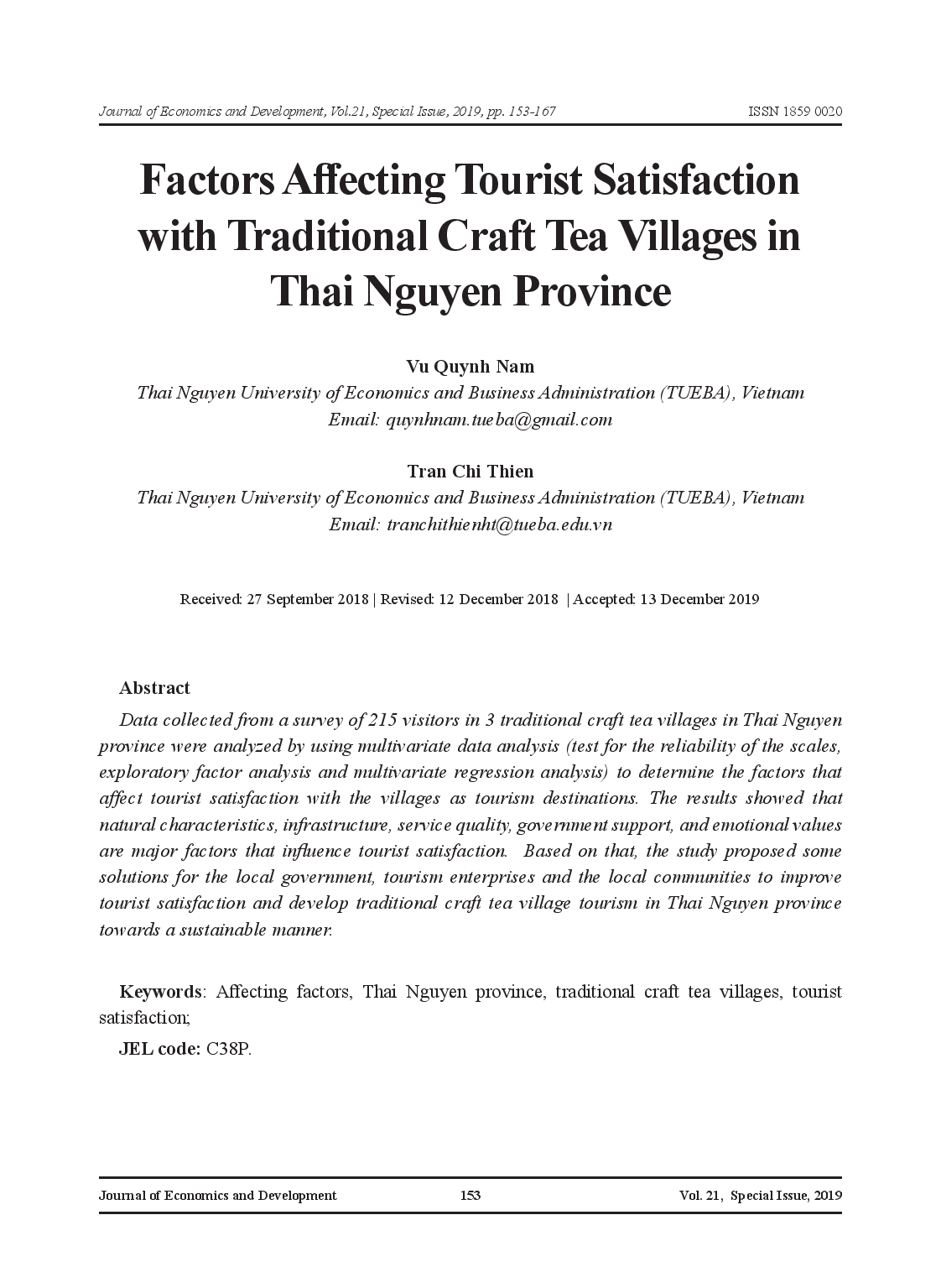 Factors Affecting Tourist Satisfaction with Traditional Craft Tea Villages in Thai Nguyen Province