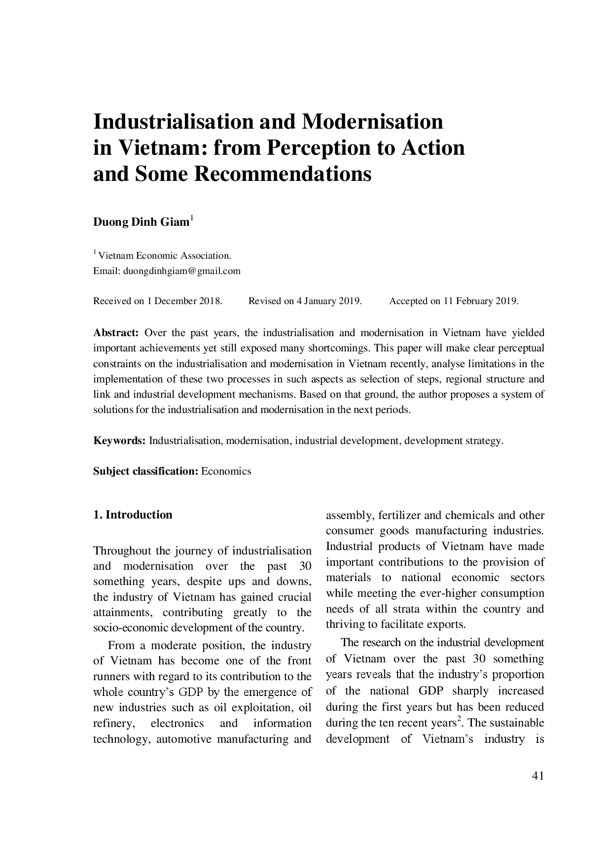 Industrialisation and Modernisation in Vietnam: from Perception to Action and Some Recommendations