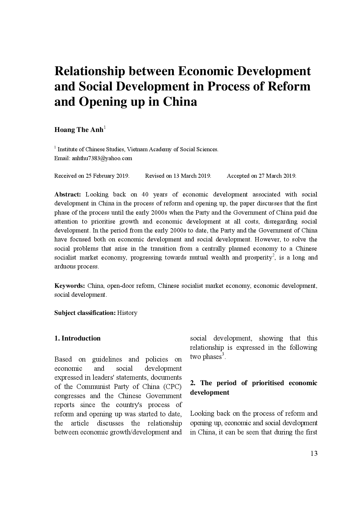 Relationship between Economic Development and Social Development in Process of Reform and Opening up in China