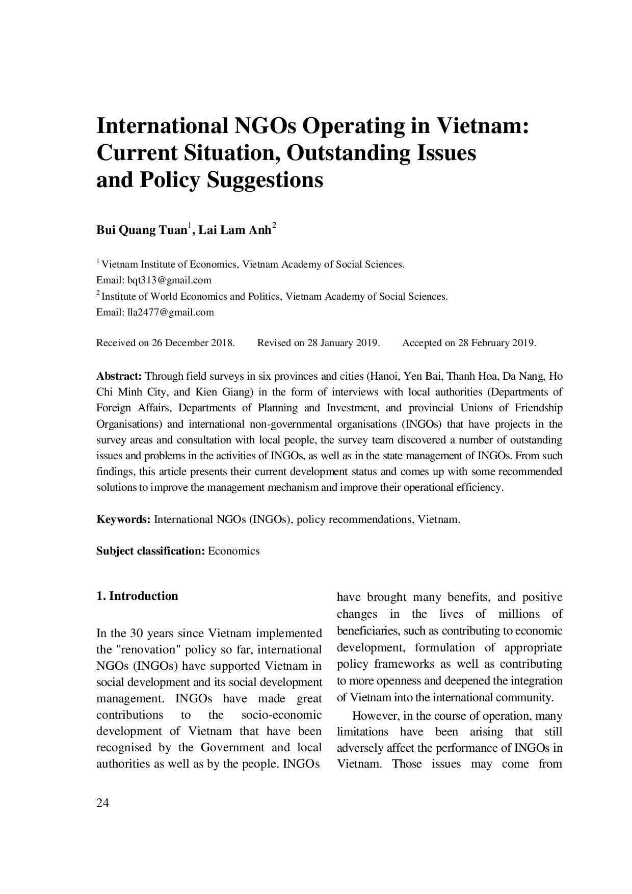 International NGOs Operating in Vietnam: Current Situation, Outstanding Issues and Policy Suggestions