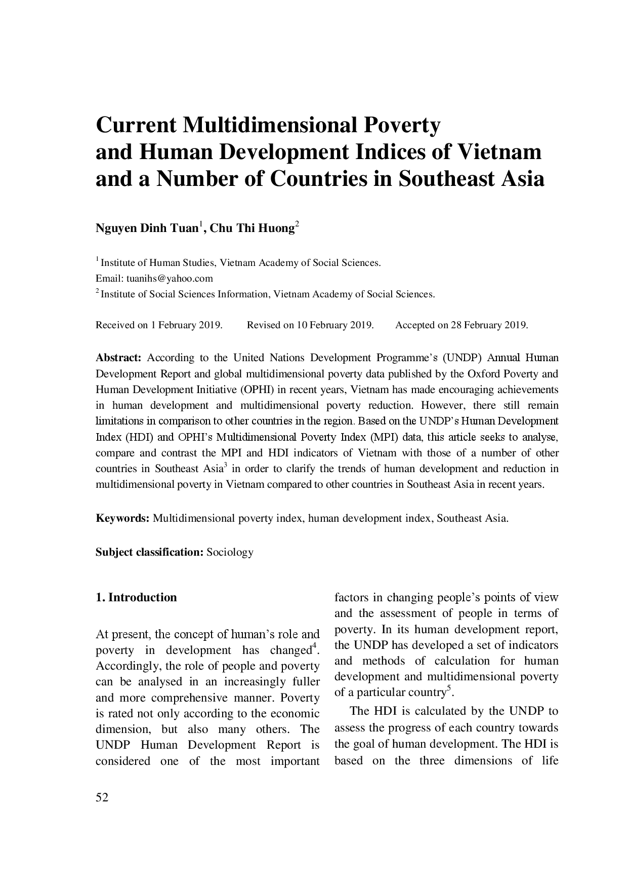 Current Multidimensional Poverty and Human Development Indices of Vietnam and a Number of Countries in Southeast Asia