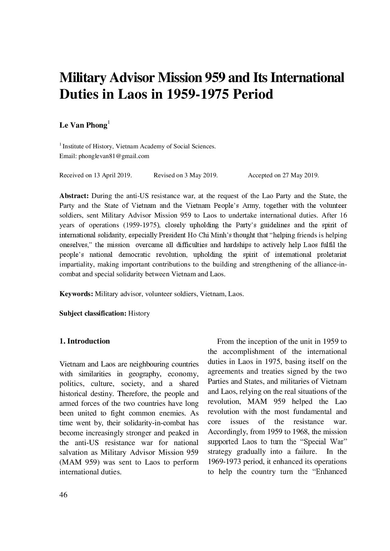 Military Advisor Mission 959 and Its International Duties in Laos in 1959-1975 Period