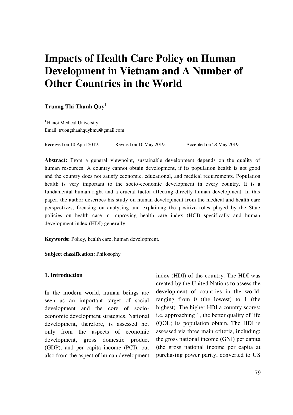 Impacts of Health Care Policy on Human Development in Vietnam and A Number of Other Countries in the World