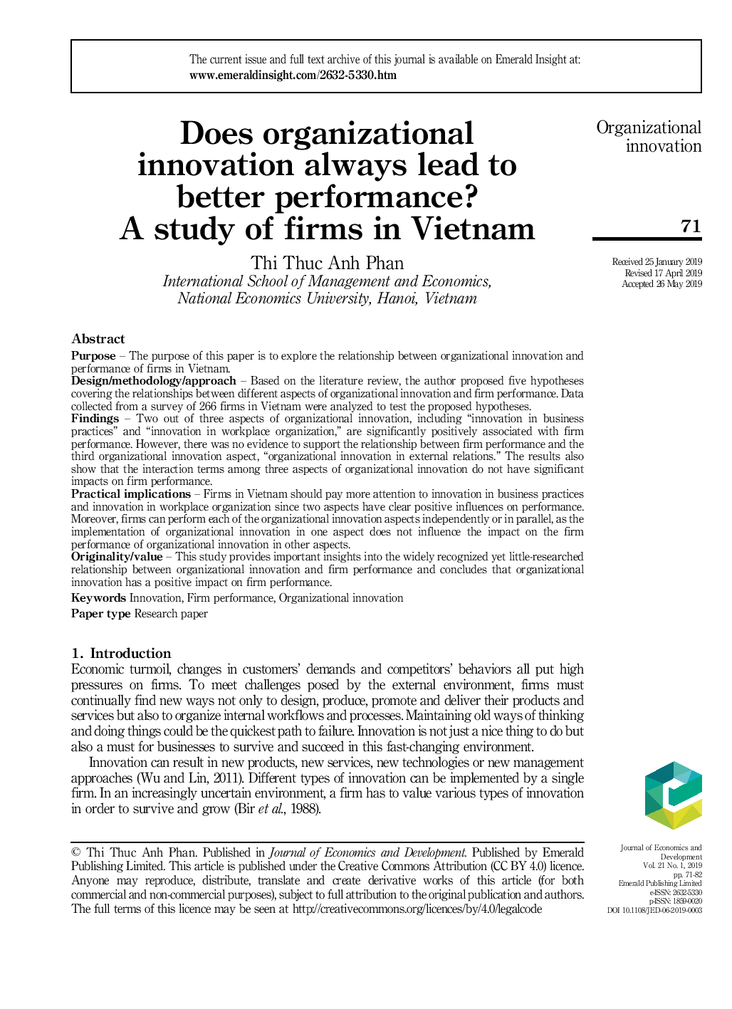 Does organizational innovation always lead to better performance? A study of firms in Vietnam