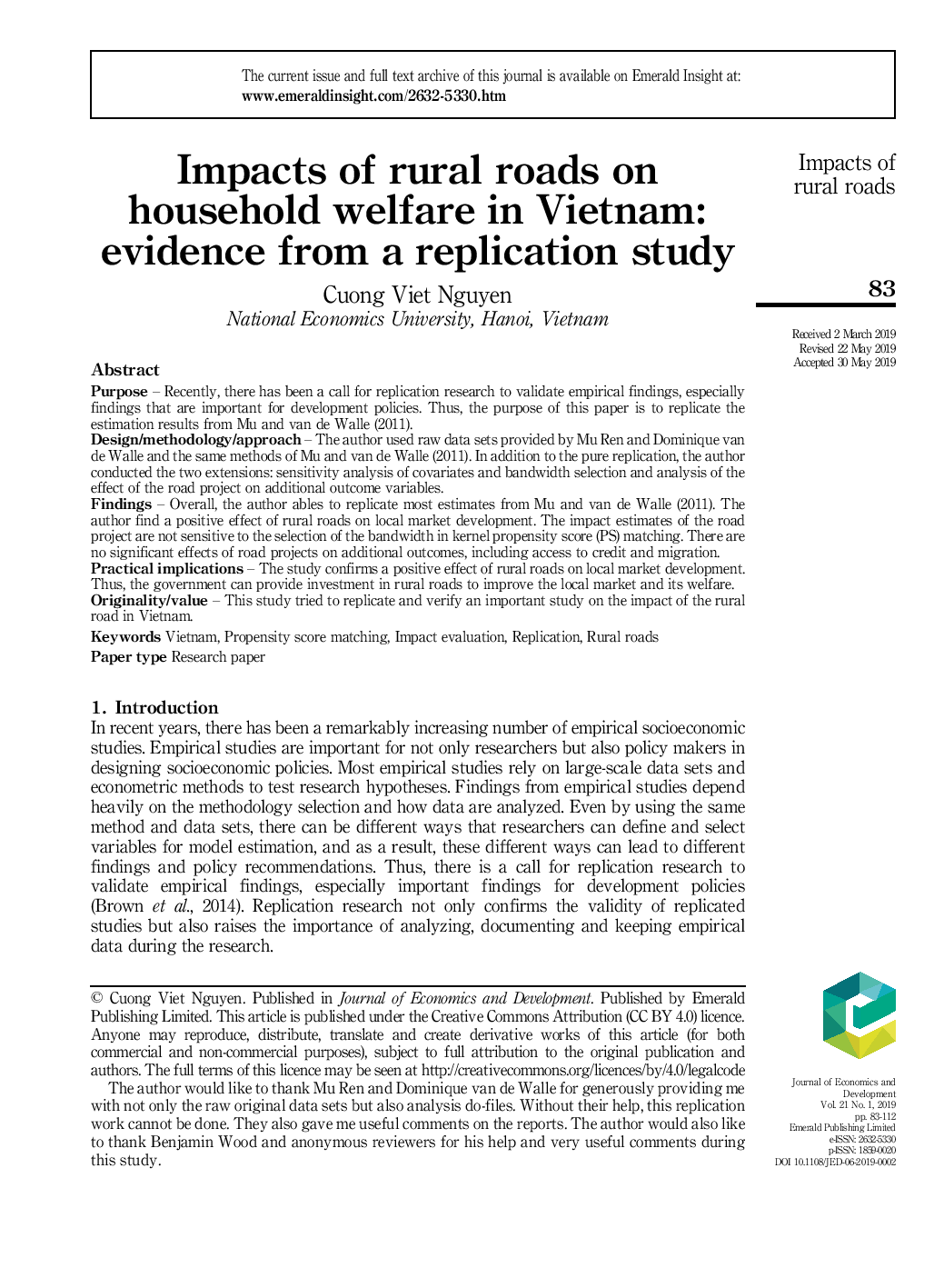 Impacts of rural roads on household welfare in Vietnam: evidence from a replication study