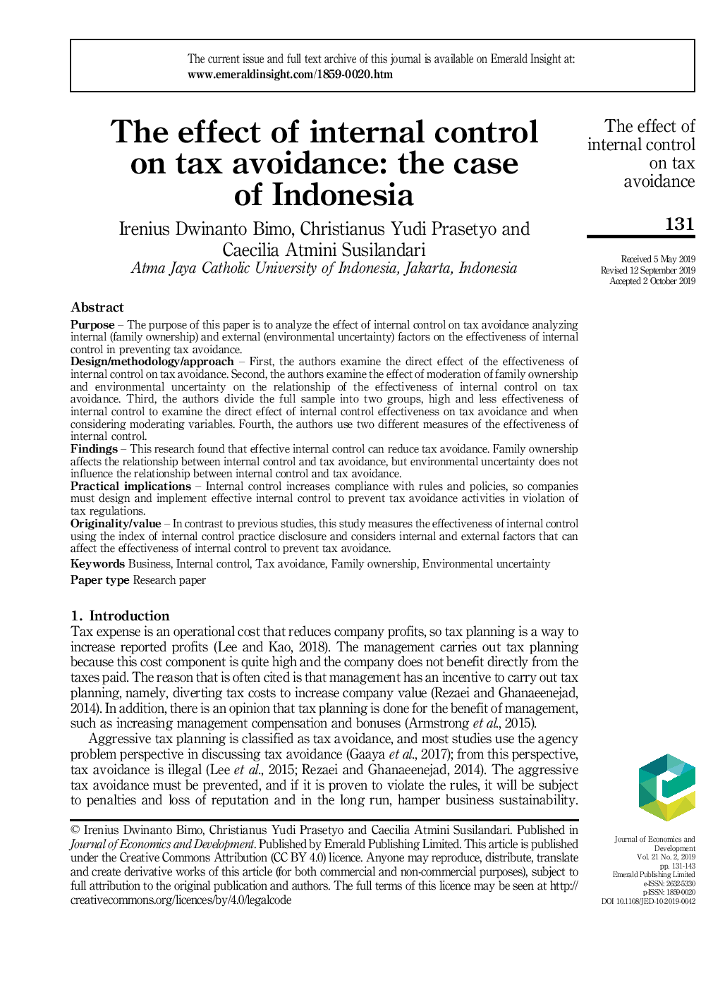 The effect of internal control on tax avoidance: the case of Indonesia