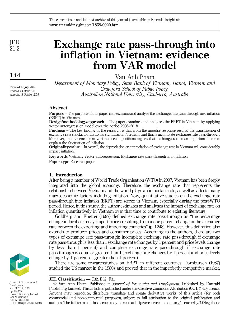 Exchange rate pass-through into inflation in Vietnam: evidence from VAR model