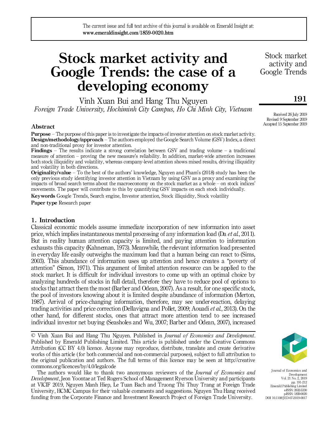 Stock market activity and Google Trends: the case of a developing economy