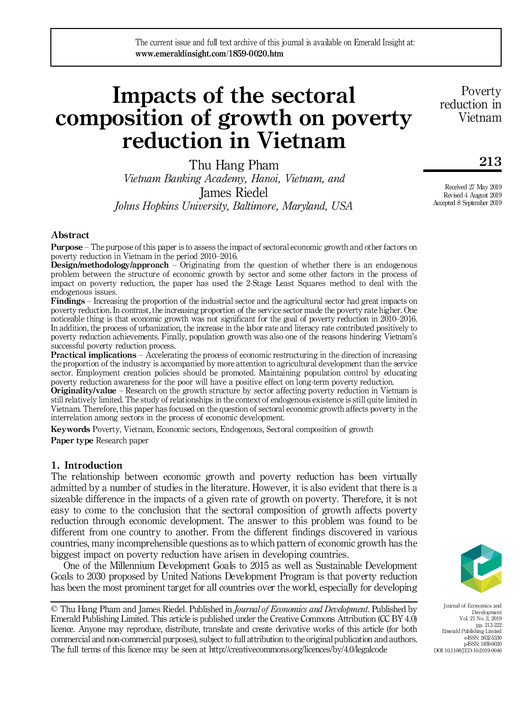 Impacts of the sectoral composition of growth on poverty reduction in Vietnam