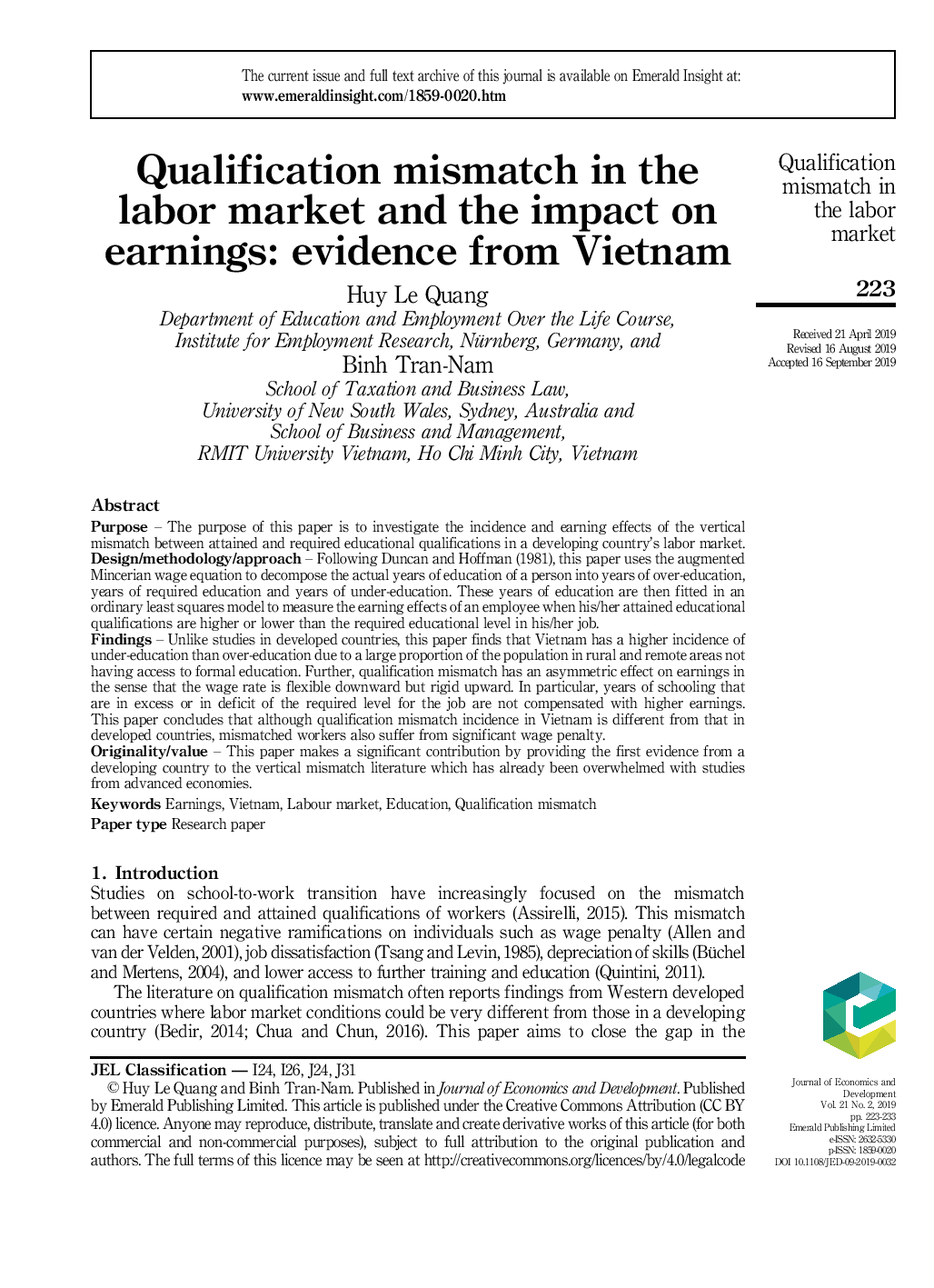 Qualification mismatch in the labor market and the impact on earnings: evidence from Vietnam