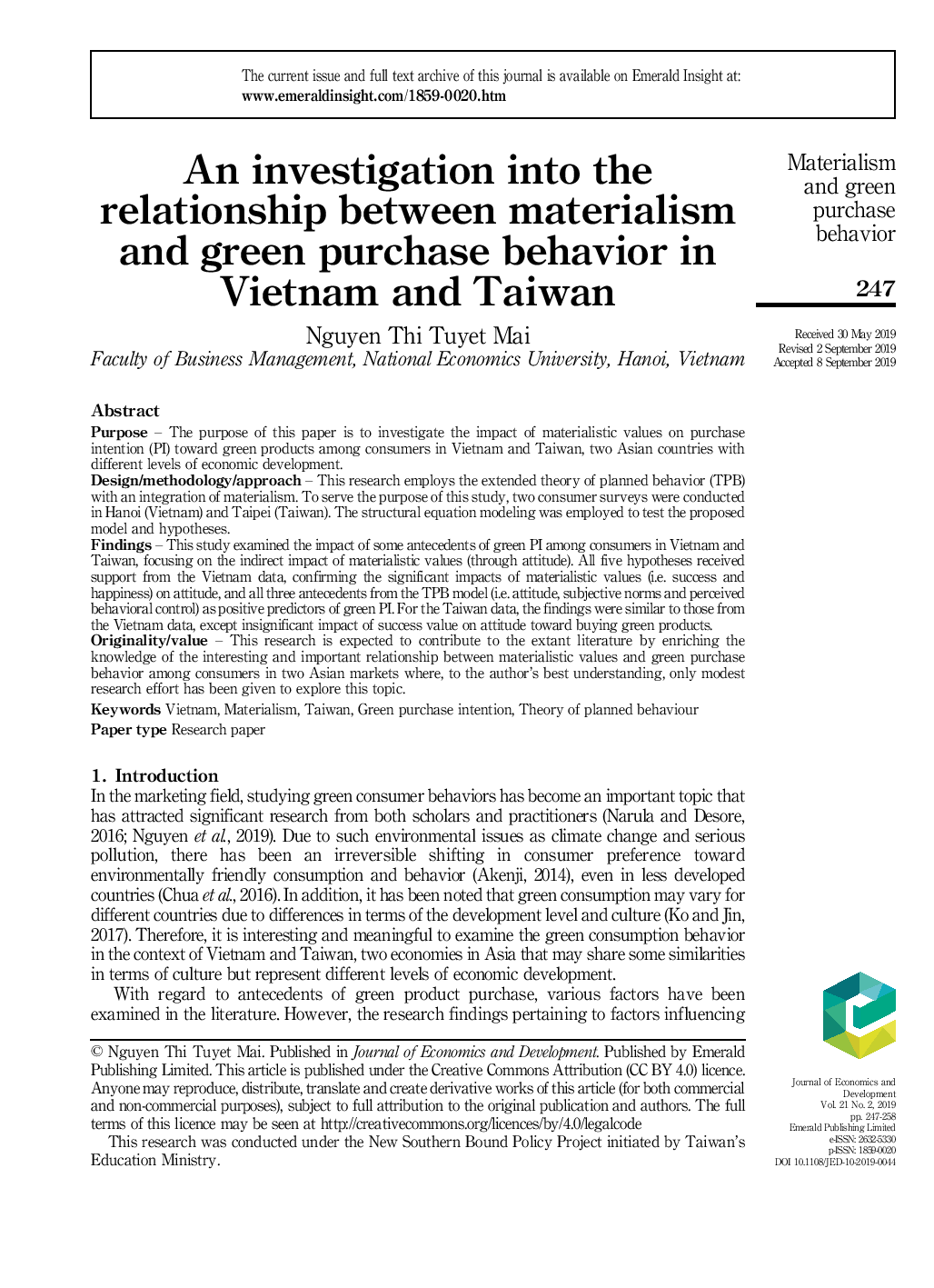 An investigation into the relationship between materialism and green purchase behavior in Vietnam and Taiwan