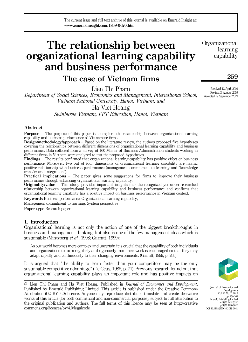 The relationship between organizational learning capability and business performance: The case of Vietnam firms